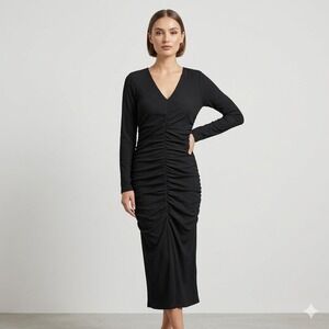 H&M Black Ruched Crepe Maxi Dress Womens Size M Long Sleeve V-Neck Viral‎ Chic